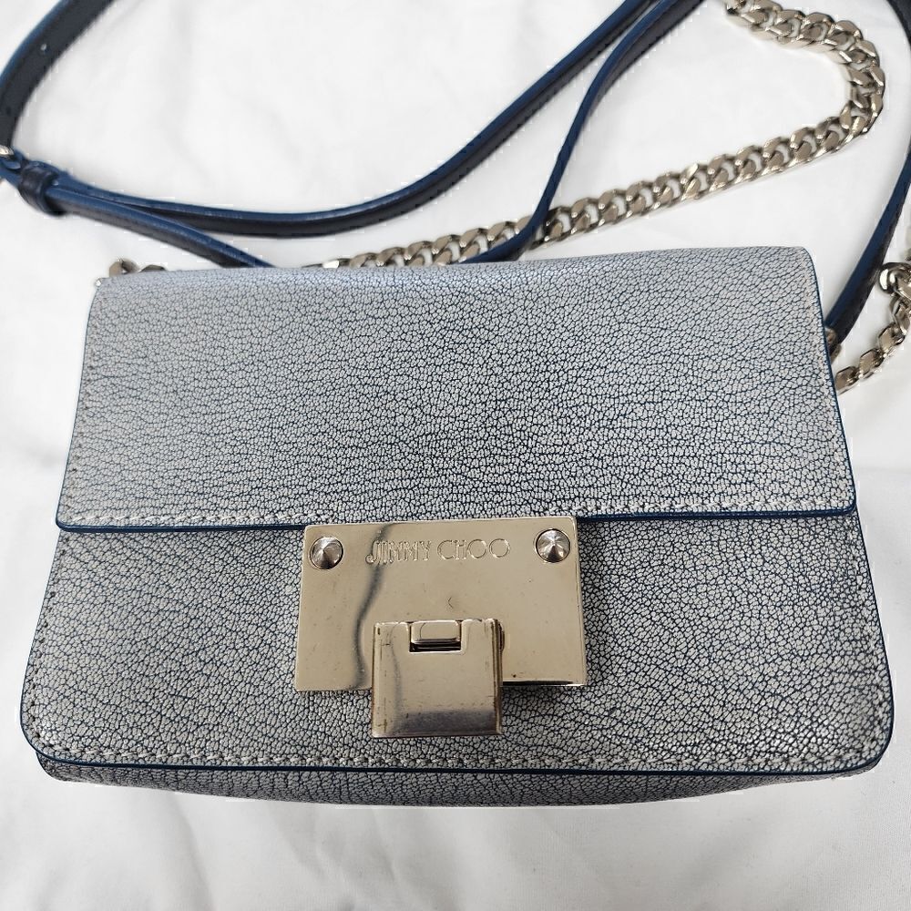 AUTHENTIC Jimmy Choo Leather Blue & Silver Rebel Crossbody Bag Purse